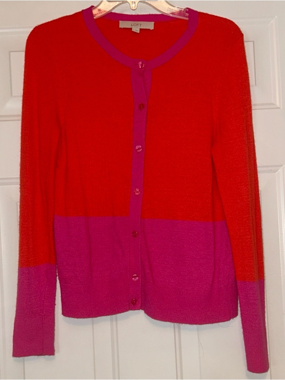 LOFT Colorblock Button Up Cardigan Sweater L Orange Pink Preppy Spring Classic
